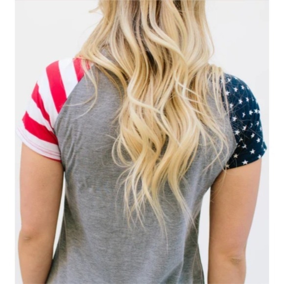 Sign Here Gray Midi Dress Patriotic American Flag Sleeves Women's Size L NWOT - Picture 2 of 9